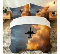 Airplanes King Size Duvet Cover Sets White Clouds Bedding Set 3D Print Quilt Cover 230x220 cm Soft Microfiber Bed Sets with Zipper Closure and 2 Pillowcases o-1004