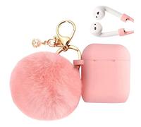 Airpod 1/2 Gen Case Cover PERSONALLY YOURZ Airpod 1st, 2nd Generation Case Silicone Protective Case Cover 【Support Wireless Charging, Front LED Visible】 Keyring & Soft Fluffy Pompom - PEACH PINK