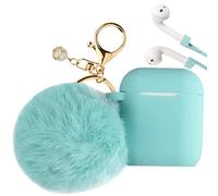 Airpod 1 & 2 Gen Case Cover PERSONALLY YOURZ Airpod 1st, 2nd Generation Case Silicone Protective Case Cover 【Support Wireless Charging, Front LED Visible】 Keyring & Soft Fluffy Pompom - MINT GREEN