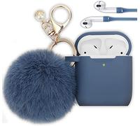 Airpod 1st/2nd Generation Case Cover PERSONALLY YOURZ Airpod Case Cover【Front LED Visible Support Wireless Charging】Cute Airpods Case With Anti-loss Straps & Soft Fluffy Pompom - (AIRFORCE BLUE)