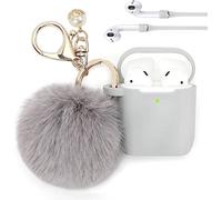 Airpod 2/1 Gen Case Cover PERSONALLY YOURZ Airpod 1st, 2nd Generation Case Silicone Protective Case Cover 【Support Wireless Charging, Front LED Visible】 Keyring & Soft Fluffy Pompom - LIGHT GREY