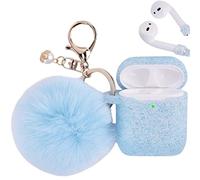 Airpod 2 Gen Case Cover PERSONALLY YOURZ Airpod 1st, 2nd Generation Case Silicone Protective Case Cover 【Support Wireless Charging, Front LED Visible】 Keyring & Soft Fluffy Pompom - GLITTER BLUE