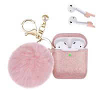 Airpod 2nd Generation Case Cover PERSONALLY YOURZ Airpod 1st, 2nd Gen Case Silicone Protective Case Cover 【Support Wireless Charging, Front LED Visible】 Keyring & Soft Fluffy Pompom - ROSE GOLD
