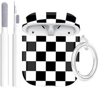 Airpods 2/1 Gen Case with Cleaner Pen, Airpods 2nd/1st Generation Cover Protective Skin Girl Women with Luxury Pearl Keychain for Apple iPod 2nd/1st Gen - Black White Checkered