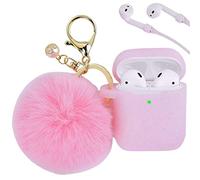 Airpods 2nd Gen Case Cover PERSONALLY YOURZ Airpod 1st, 2nd Generation Case Silicone Protective Case Cover 【Support Wireless Charging, Front LED Visible】 Keyring & Soft Fluffy Pompom - BLUSH PINK