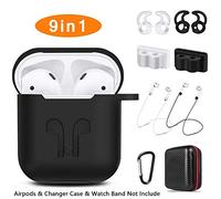AirPods Case, Bipra 9 in 1 AirPods Accessories Set Protective Silicone Cover and Skin Compatible Apple AirPods Charging Case with Watch Band Holder/Ear Hook/Keychain/Strap/Carrying Box (Black)