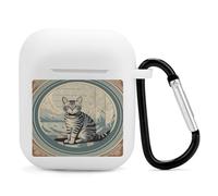 Airpods Charging Case Cover Silicone Shockproof Case Cover Case with Keychain Gray Tabby Cat Printed Case for Airpods 2nd/1st Gen