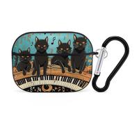 AirPods Pro Case Cove Four Black Cats Lying on The Piano Keyboard AirPods Pro 2/Pro Protective Case Accessory Front LED Visible Supports Wireless Charging with Keychain