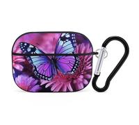 AirPods Pro Case Cover, Purple Butterfly and Flower Earbud Case Shock-Proof PC Skin Full Protective Cover Compatible for 2nd 1st Generation,Supports Wireless Charging with Durable Carabiner