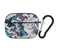 AirPods Pro Case Cover with Keychain Blue Butterfly and White Cat AirPods Pro 2nd Generation Protective Cover for Women/Men