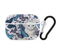 AirPods Pro Case Cover with Keychain Blue Butterfly and White Cat AirPods Pro 2nd Generation Protective Cover for Women/Men