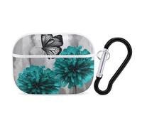 AirPods Pro Case Cover with Keychain Gray Teal Flower Butterfly AirPods Pro 2nd Generation Protective Cover for Women/Men