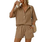 Airport Outfit Petite Brown black white Women Linen Sets 2 Piece Summer Outfits Plus Size Short Sleeve Shirt and Bermuda Elastic Waist Shorts Lightweight Lounge Set Casual Beach Vacation Matching Set