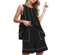 Airport Outfit Women Co Ord Casual Lounge Wear Sets Summer Two Piece Woman Clothes Cotton Linen Tracksuit Set High Waist Wide Leg Sleeveless Tunic Top and Shorts with Pockets