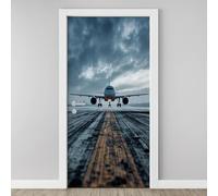 Airport Runway Aircraft Door Mural, Civil Airplane Dark Cloud Murals Stickers 90x200 cm, Modern 3D Door Stickers Vinyl Self-Adhesive Peel and Stick Bedroom Living Room Door Decoration U2e28
