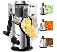 Airpro Rotary Cheese Grater with Handle - Vegetable Shredder with 3 Stainless Steel Blades & Strong Suction Base,Round Mandoline Slicer & Food Chopper for Kitchen