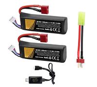 Airsoft Battery 11.1V 3s 30C 1400mAh Rechargeable LiPo Battery with T-Plug to Cable Connector Mini Tamiya USB Charger for Guns Models Airsoft Batteries Gel Accessories 2PCS