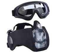 Airsoft Protective Gear Set, Half Face Mesh Masks with Ear Protection and Goggles Set for CS/Hunting/Paintball/Shooting (WB)