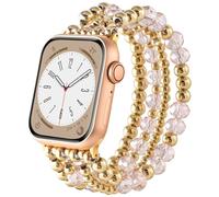 AIRSPO Gold Beaded Bracelets Compatible for Apple Watch Band 38mm 40mm 41mm 42mm 44mm 45mm Women, Fashion Handmade Dressy iPhone Watch Bands Elastic Strap for iWatch Series SE 8 7 6 5 4 3 2 1 (Pink