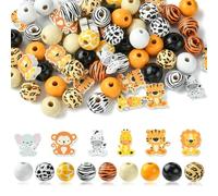 Airssory 100 Pcs 15 Styles Leopard Print Wood Beads Orange Theme Tiger Monkey Lion Wild Animal Beads Bulk for Jewelry Making Craft Macrame Décor Bracelet Making Jewelry DIY Garland