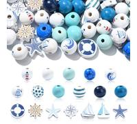 Airssory 100 Pcs Navigation Sailing Blue Themed Spray Painted Wooden Beads Ocean Wood Beads for Craft Macrame Décor Bracelet Making Jewelry DIY Garland Tassels