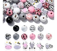 Airssory 100Pcs Pink Dairy Cattle Theme Wood Beads Dairy Cow Beads Printed Animal Wood Beads Animal Print Round Wood Beads for Crafts Bracelet Jewelry Making DIY Craft