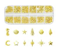 Airssory 2 Sets Golden Colour Ocean Animals Celestial Brass Ornament Cabochons Shell Star Moon Art Nail Beads for DIY Art Nail Accessory Jewellery Embellishment Phone Decor Bulk