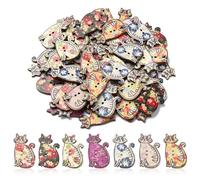 Airssory 200 Pcs Mixed Colors Fat Cat Printed Wooden Buttons Two Holes Lovely Pet Beads Flatback Sewing Buttons for DIY Craft Bag Decoration