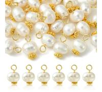 Airssory 30 pcs Round Natural Cultured Freshwater Pearl Charms Elegant Pearl Charms with Golden Color 304 Stainless Steel Loops for DIY Jewelry Earring Bracelet Necklace Craft