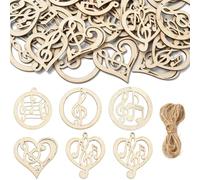 Airssory 50 pcs Hollow Music Note Unfinished Wood Cutout Musical Symbol Wood Slices for DIY Printing Art Craft Embellishments Home Party Decor with Twine