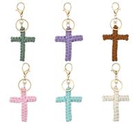 Airssory 6 Pcs 6 Colors 6.5CM Handmade Woven Yarn Crochet Cross Keychains Charms with Split Key Ring and Lobster Claw Clasps for Cloth Bag Phone Keychain Decor DIY Jewellery Crafts