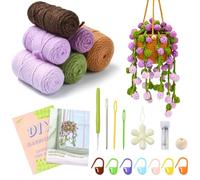 Airssory Lovely Purple Flower Crochet Kit DIY Wool Yarn Woven Creative Hanging Basket Floral Plants Knitting Kits with Step-by-Step Video for Beginner Home Decoration