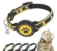 Airtag Breakaway Cat Collar, Reflective Kitten Collar with Airtag Holder and Bell, Comfortable Padding, Adjustable, Durable, Suitable for Cats (Yellow, S)