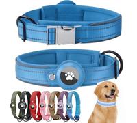 Airtag Dog Collar with Apple Airtag Holder Reflective Adjustable Soft Padded Nylon with Quick Release Metal Buckle Waterproof GPS Tracker Collar for Medium Dogs (Blue, M)