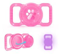 Airtag Holder for Dog Collar, Sparkly Glitter & Glow-in-Dark Silicone Airtag Case, Full Cover Waterproof Protective Airtag Dog Collar Holder for Night Walking/Pet Safety, Fit Most Collar, Pink Glitter