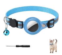 AirTag Pet Collar with Holder and Bell - Stretchy Reflective Kitten Necklace with Breakaway Safety Buckle, Adjustable (7.8-12.8 inch), Lightweight Tracker Accessory for Cats, Blue