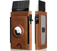 AirTag Wallet, Slim Minimalist Front Pocket Leather Smart Pop Up Air Tag Wallet Credit Card Holder with ID Window 7-8+ Cards, Cash Slot, RFID Blocking Mens Gift, Brown, Minimalist