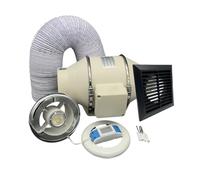 AirTech-UK FlowMax Turbo Inline Bathroom Extractor Fan Kit with Light and Timer - 4 inches 100mm Duct Opening - High Power - Silent Extractor Fan For Bathroom - 1 Speed - Black External Vent