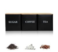 Airtight Canister Set for Tea, Coffee, Sugar, 3Pcs Stackable Square Food Storage Containers Biscuit Tins with Wooden Lids, 600ml Metal Kitchen Storage Jars for Dry Food, Flour, Pasta, Nuts (Black)
