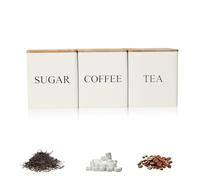 Airtight Canister Set for Tea, Coffee, Sugar, 3Pcs Stackable Square Food Storage Containers Biscuit Tins with Wooden Lids, 600ml Metal Kitchen Storage Jars for Dry Food, Flour, Pasta, Nuts (White)