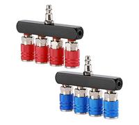 AIRTOON 2PCS 4-Way Aluminum Air Manifold Splitter with 4 Brass Couplers and 1/4" MNPT Plug, 1/4" NPT Air Fittings, Red and Blue