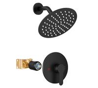 Airuida 8 Inch Matte Black Shower Faucet Set Rainfall Shower System Trim Kit with Female Threads Rough-in Valve Single Function Bathroom Wall Mount SUS304 Ultra-Thin Round Head Shower System Set