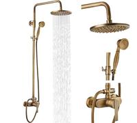 Airuida Antique Brass Exposed Pipe Shower System Single Handle 8 Inch Rainfall Shower Head Solid Copper Diverter Adjustable Shower Head Bar Modern Dual Functions Shower Faucet Combo Unit Set