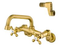 Airuida Antique Brass Tap for Kitchen Sink Wall Mounted Faucet 6 Inch(15cm) Spout Reach Adjustable Center Double Cross Handles 3 Inch to 9 Inch Hot and Cold Water Mixer Tap 360 Rotatable Faucet