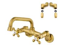 Airuida Antique Brass Tap for Kitchen Sink Wall Mounted Faucet 6 Inch(15cm) Spout Reach Adjustable Center Double Cross Handles 3 Inch to 9 Inch Hot and Cold Water Mixer Tap 360 Rotatable Faucet