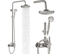 Airuida Brushed Nickel Shower Fixture 8 Inch Rain Shower Head Exposed Pipe Shower System Single Handle Dual Functions Shower Faucet Combo Unit Set Adjustable Shower Head Bar Modern