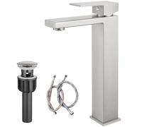 Airuida Brushed Nickel Tall Bathroom Faucet Single Handle Water Tap for Bathroom Sink, Modern One Hole Bathroom Fixtures Deck Mount with Pop Up Drain Stopper & Water Supply Hoses