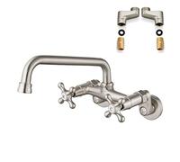 Airuida Brushed Nickel Wall Mount Kitchen Faucet 8 Inch Spout Reach Wall Mount Laundry Sink Faucet Adjustable Center Double Cross Handles Mixer Tap 360 Rotatable Restaurant Faucet