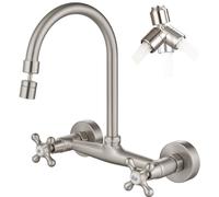 Airuida Brushed Nickel Wall Mount Kitchen Sink Faucet 8 Inch Center Double Cross Handles 360 Degree Swivel Spout Kitchen Mixer Tap Commercial
