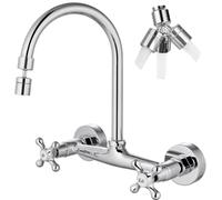 Airuida Chrome Polish Wall Mount Kitchen Sink Faucet 8 Inch Center Double Cross Handles 360 Degree Swivel Spout Kitchen Mixer Tap Commercial